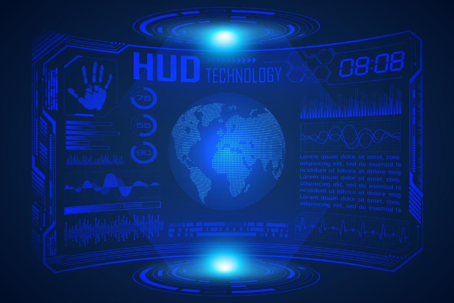 Blue  Modern HUD Technology Screen Background with world map vector