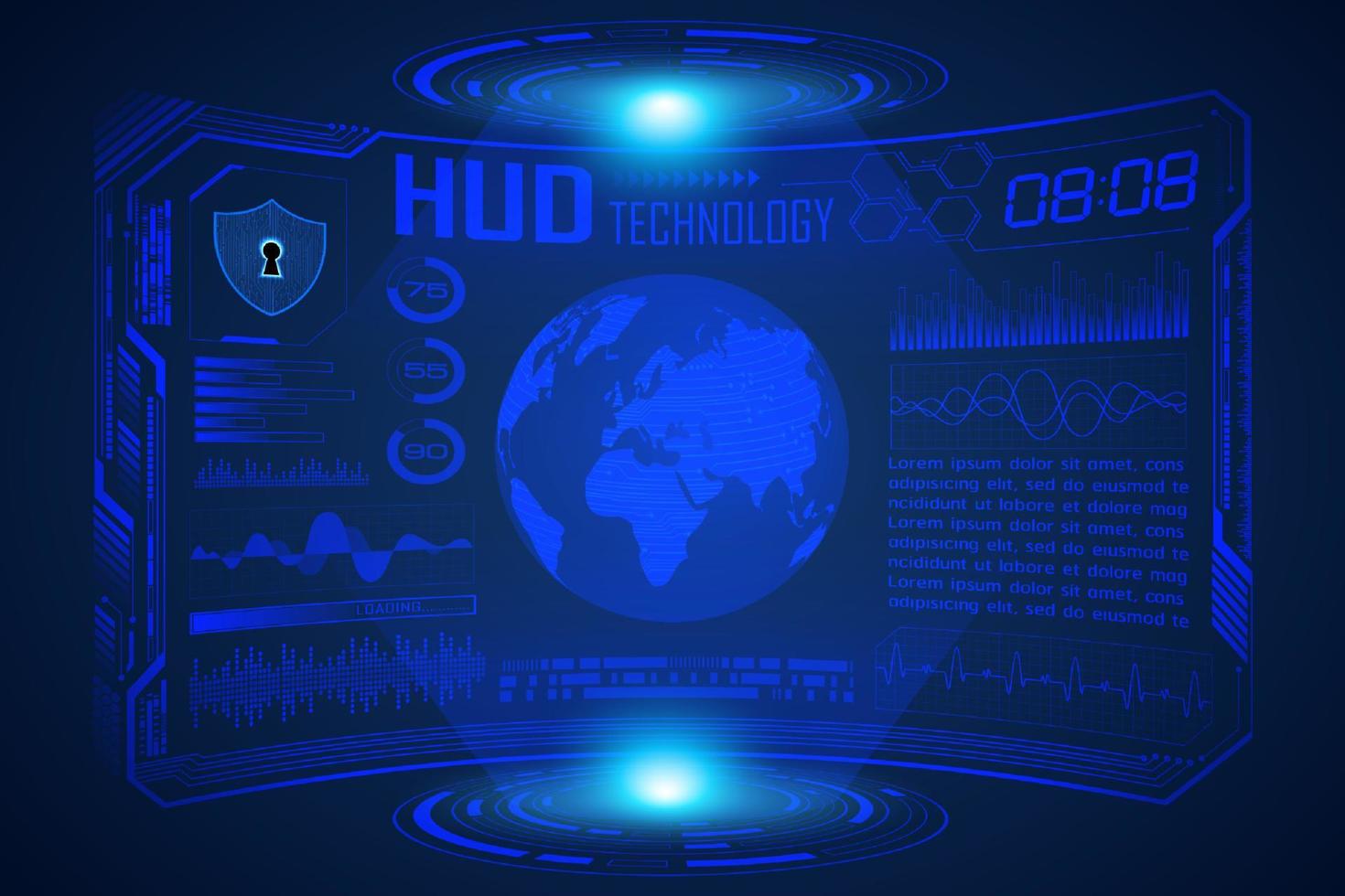 fondo de pantalla de tecnología hud moderna azul con mapa mundial vector