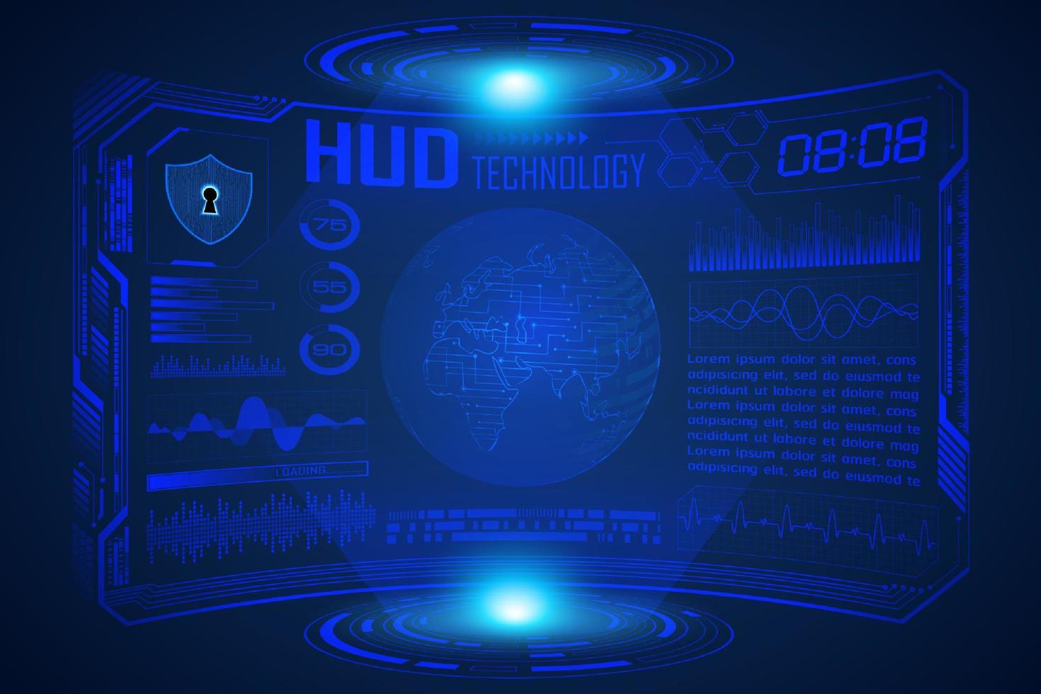 Blue  Modern HUD Technology Screen Background with world map vector