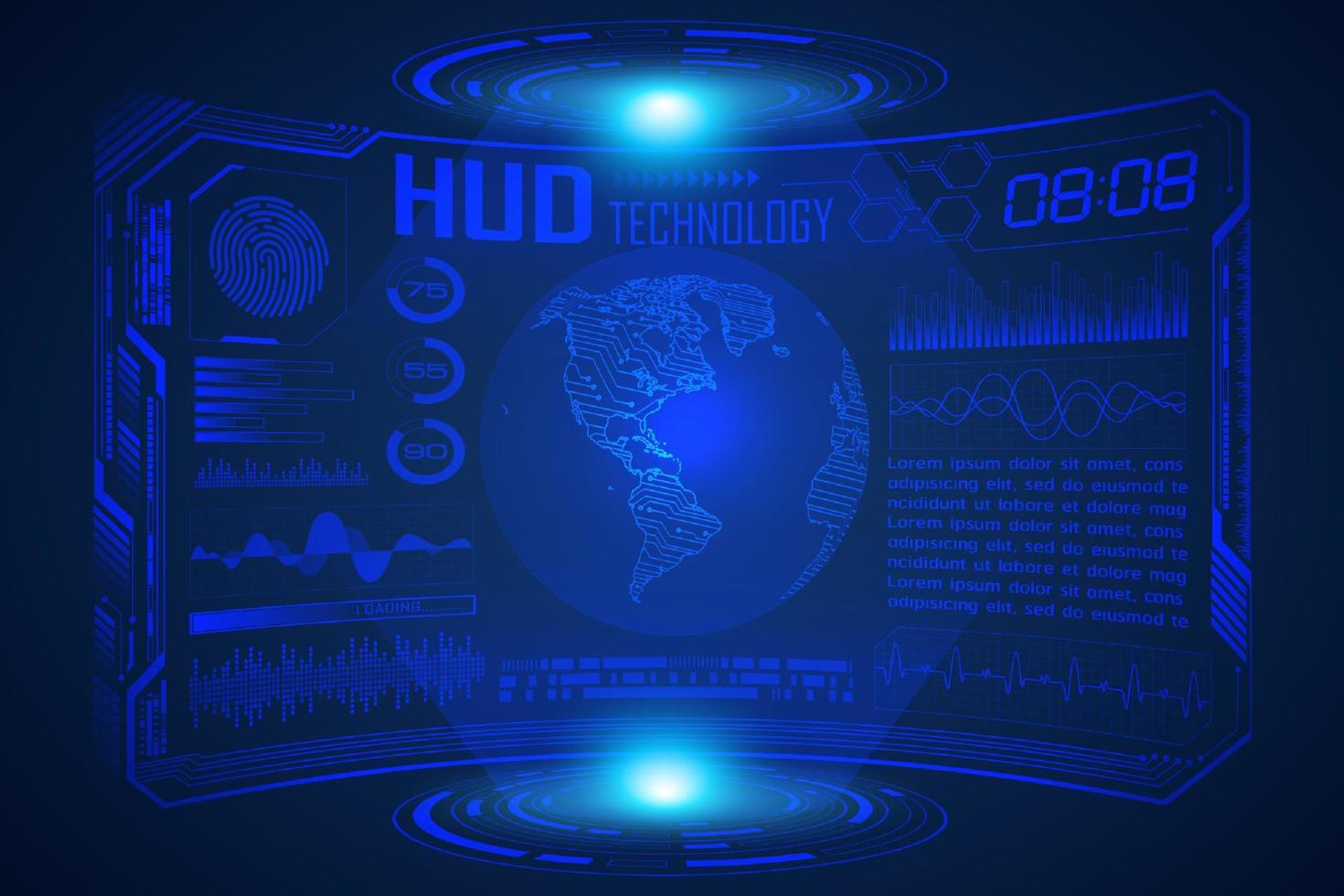 Blue  Modern HUD Technology Screen Background with world map vector