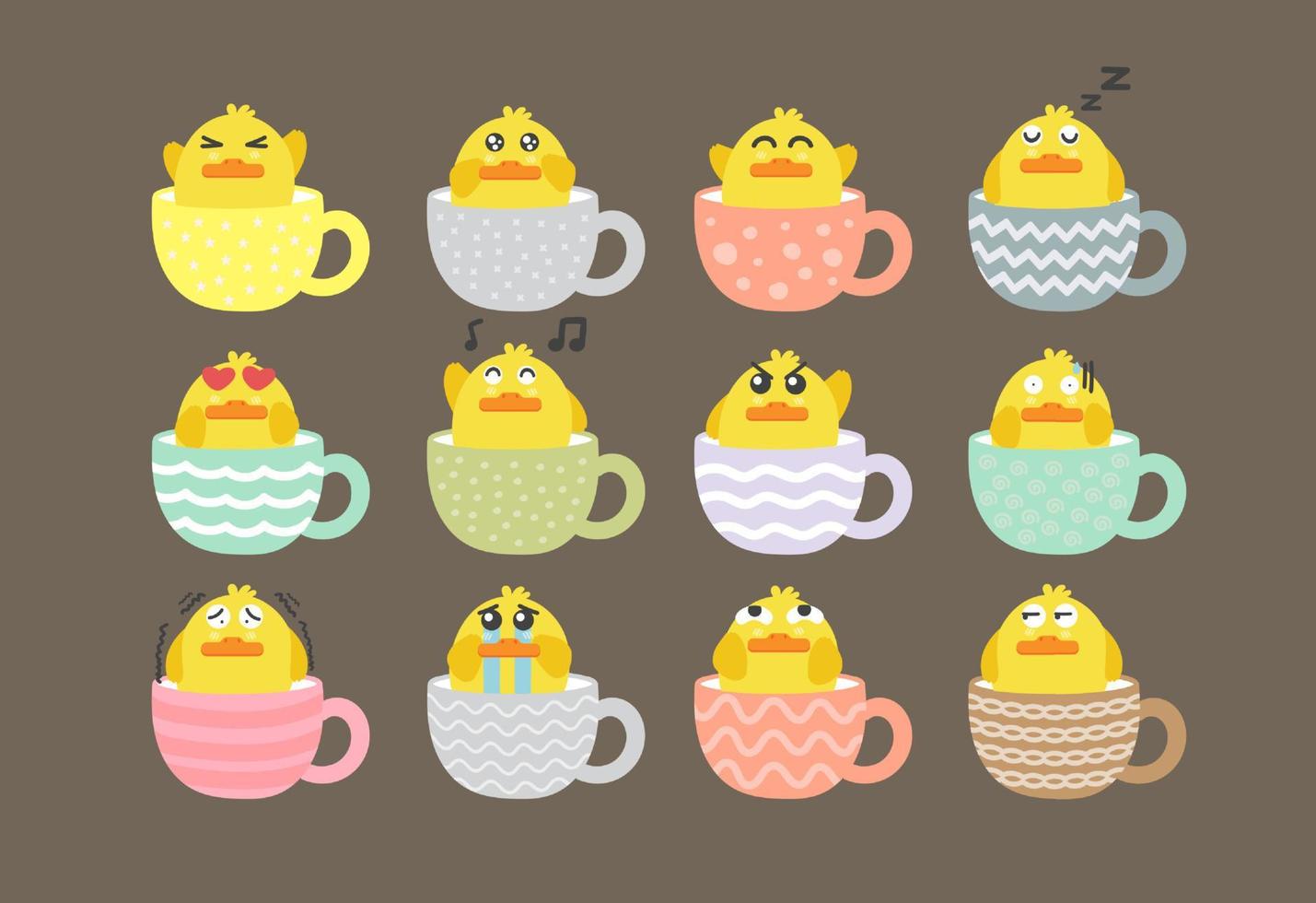 cartoon duck on teacup set vector