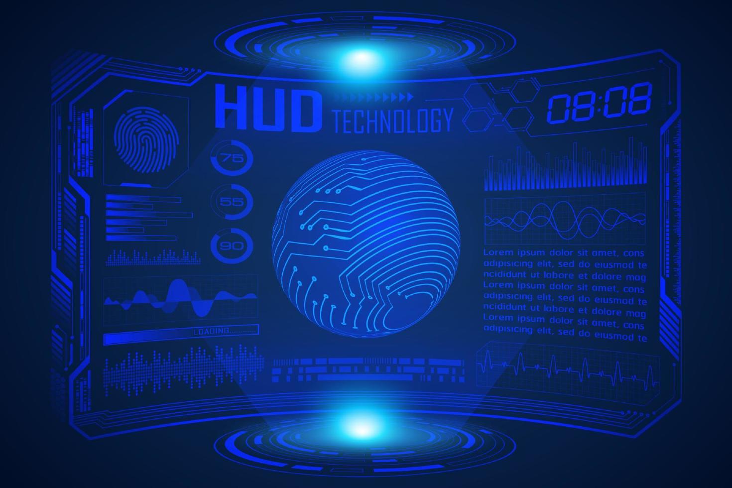 Blue  Modern HUD Technology Screen Background with world map vector