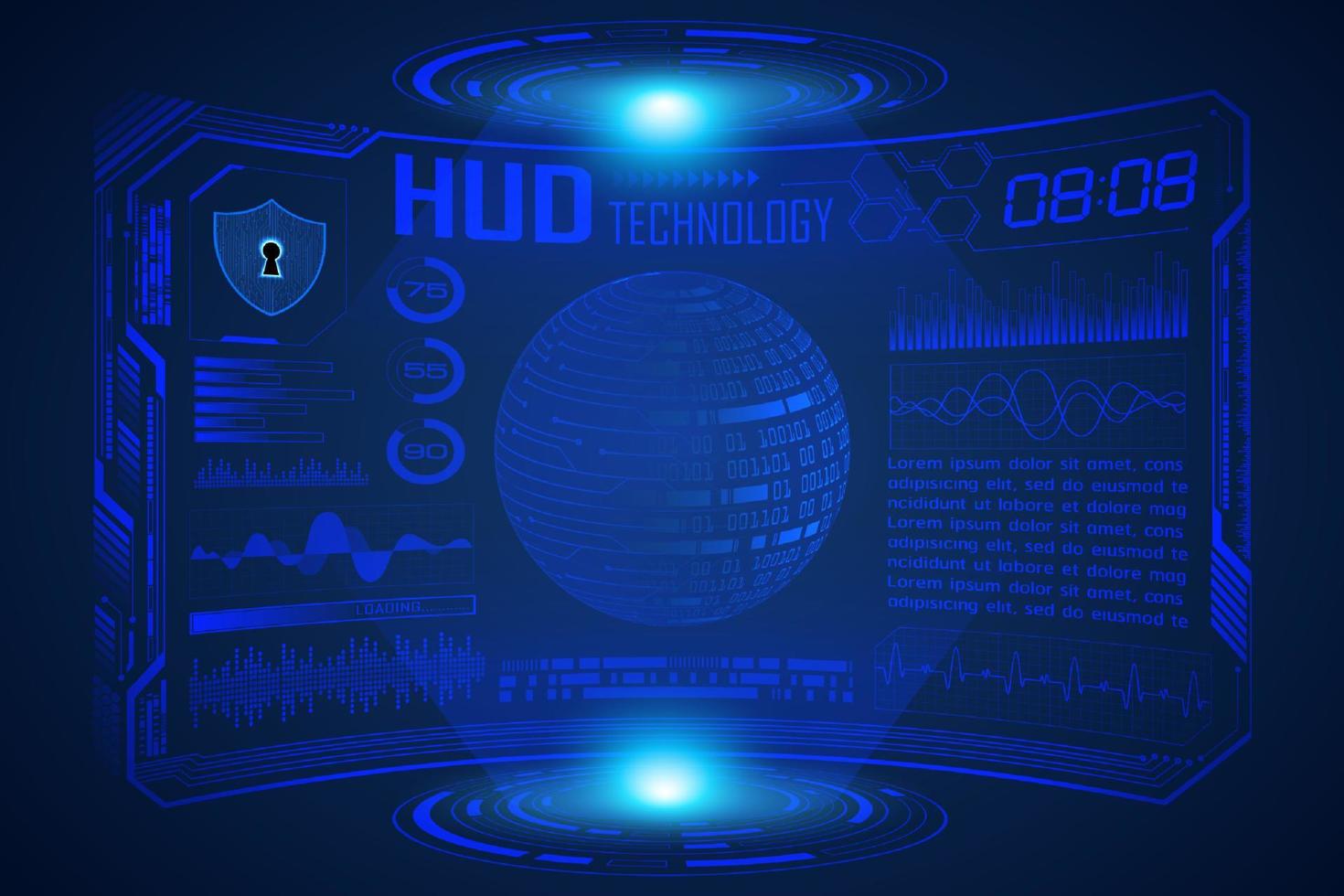 Blue  Modern HUD Technology Screen Background with world map vector