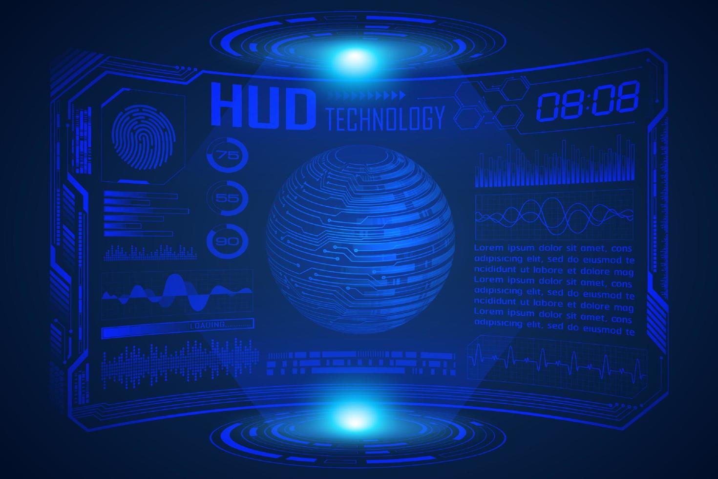 Blue  Modern HUD Technology Screen Background with world map vector
