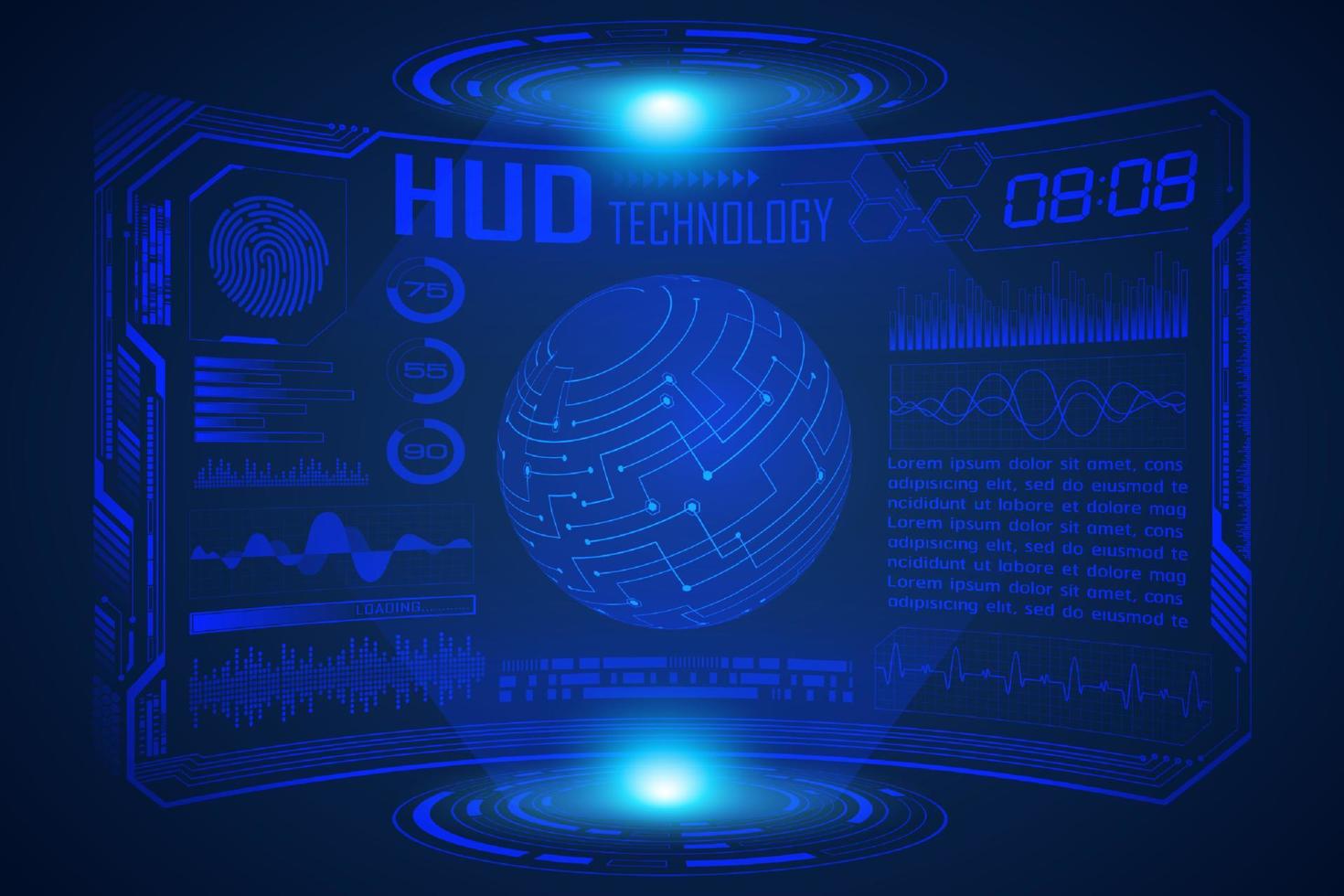 Blue  Modern HUD Technology Screen Background with world map vector