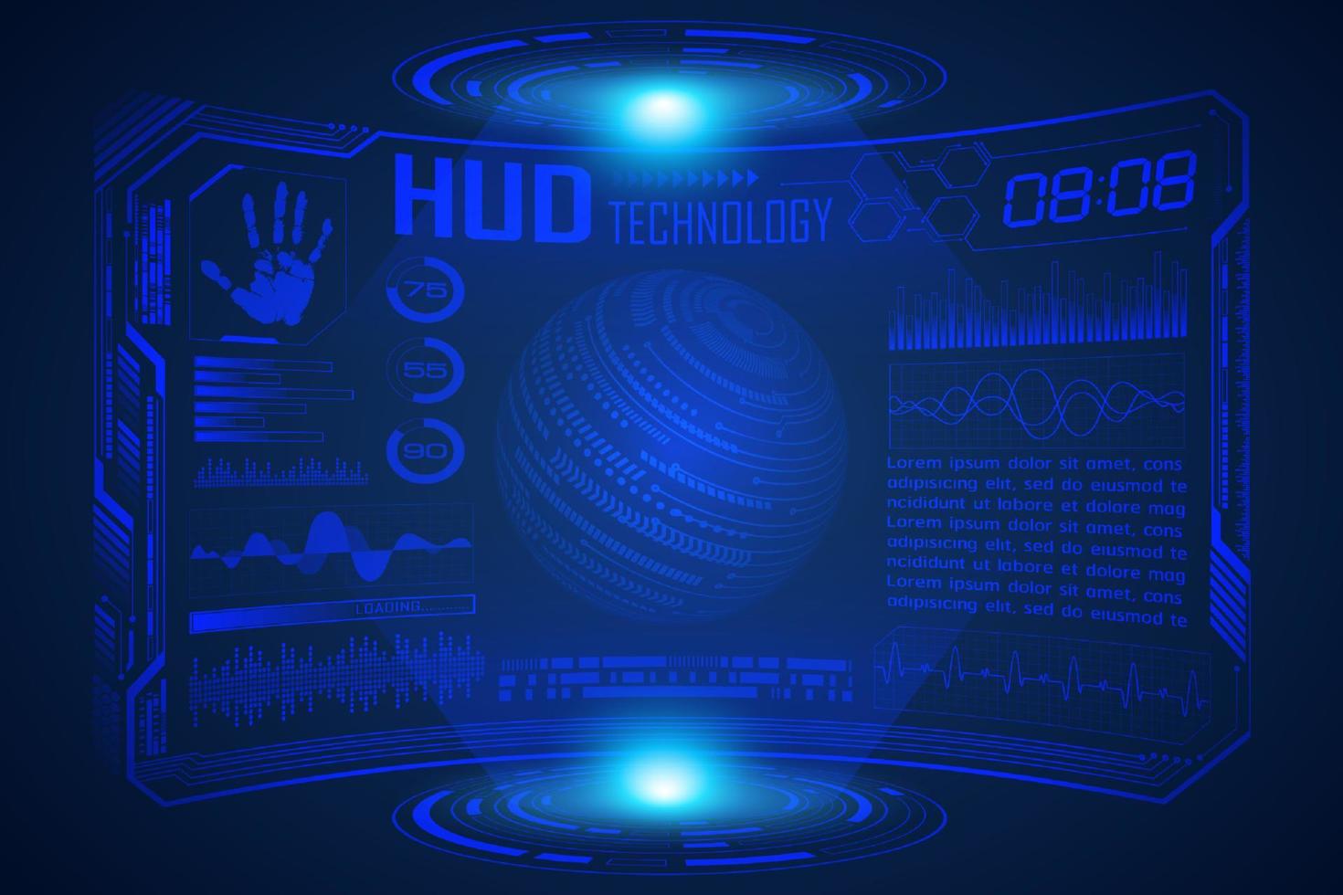 Blue  Modern HUD Technology Screen Background with world map vector