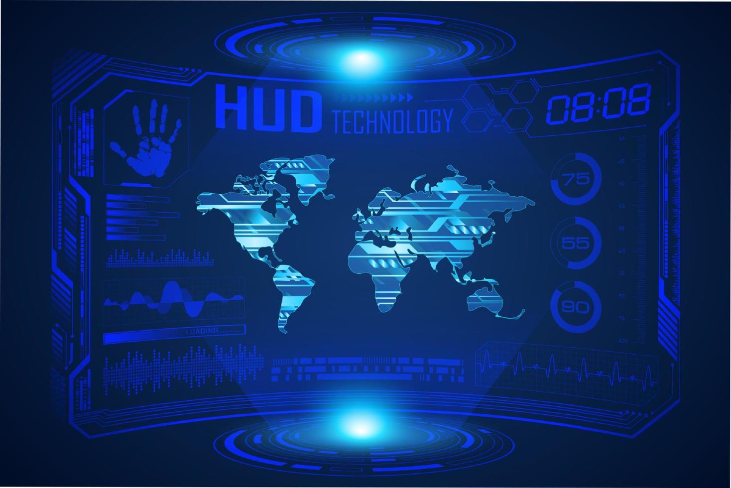 fondo de pantalla de tecnología hud moderna azul con mapa mundial vector