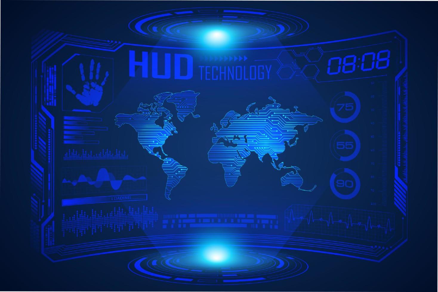 Blue  Modern HUD Technology Screen Background with world map vector