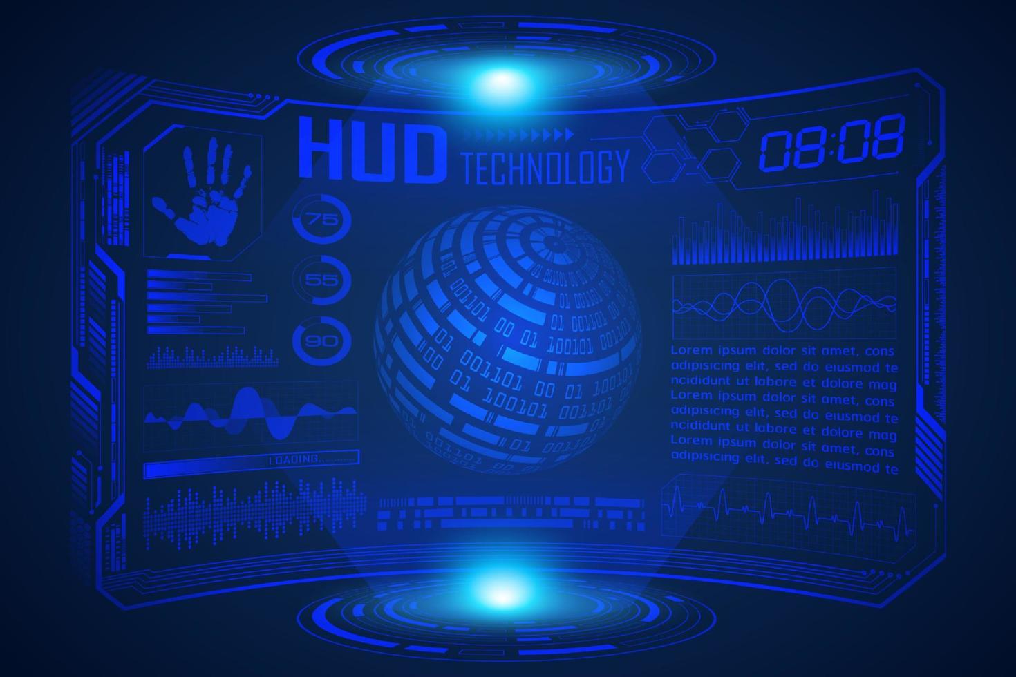 Blue  Modern HUD Technology Screen Background with world map vector