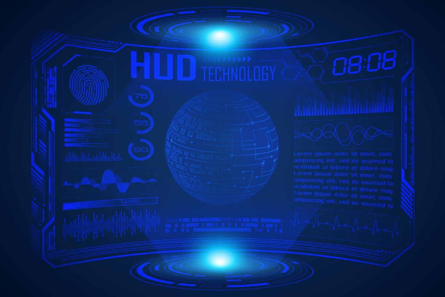 Blue  Modern HUD Technology Screen Background with world map vector