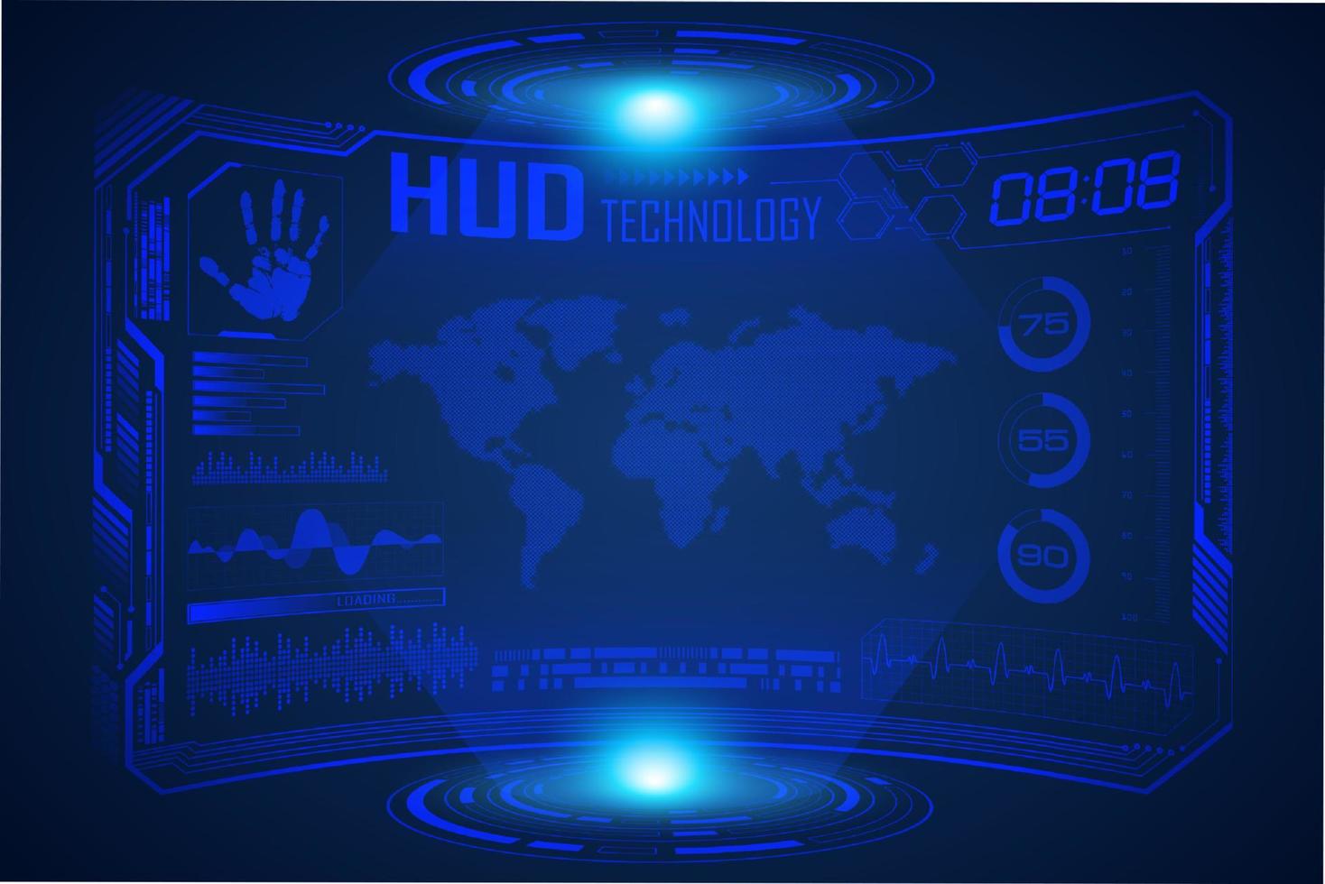 Blue  Modern HUD Technology Screen Background with world map vector