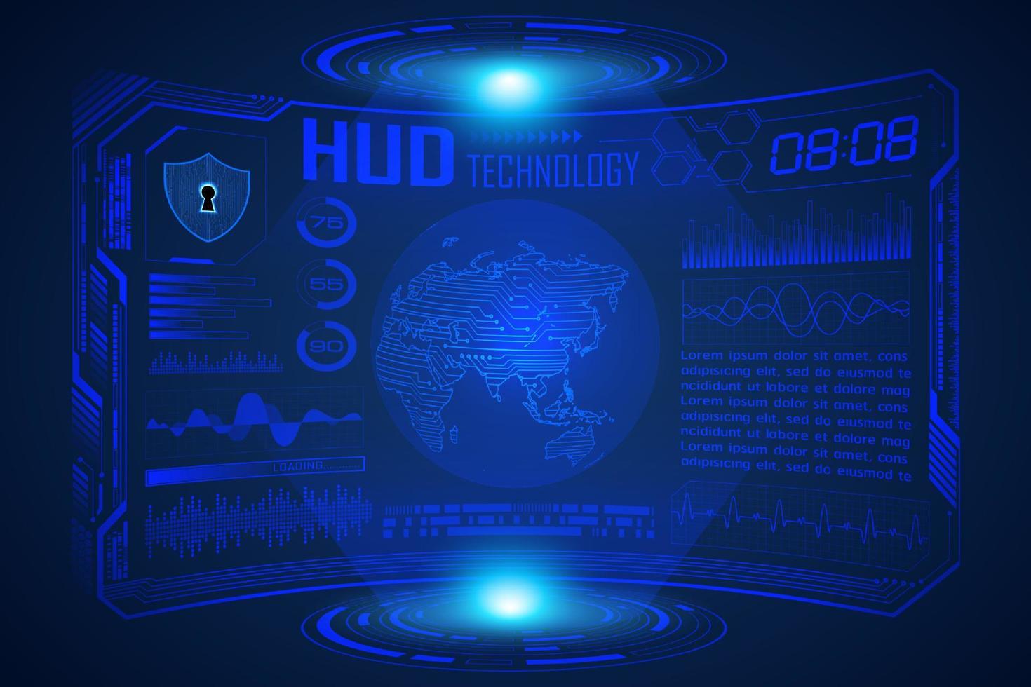 Blue  Modern HUD Technology Screen Background with world map vector