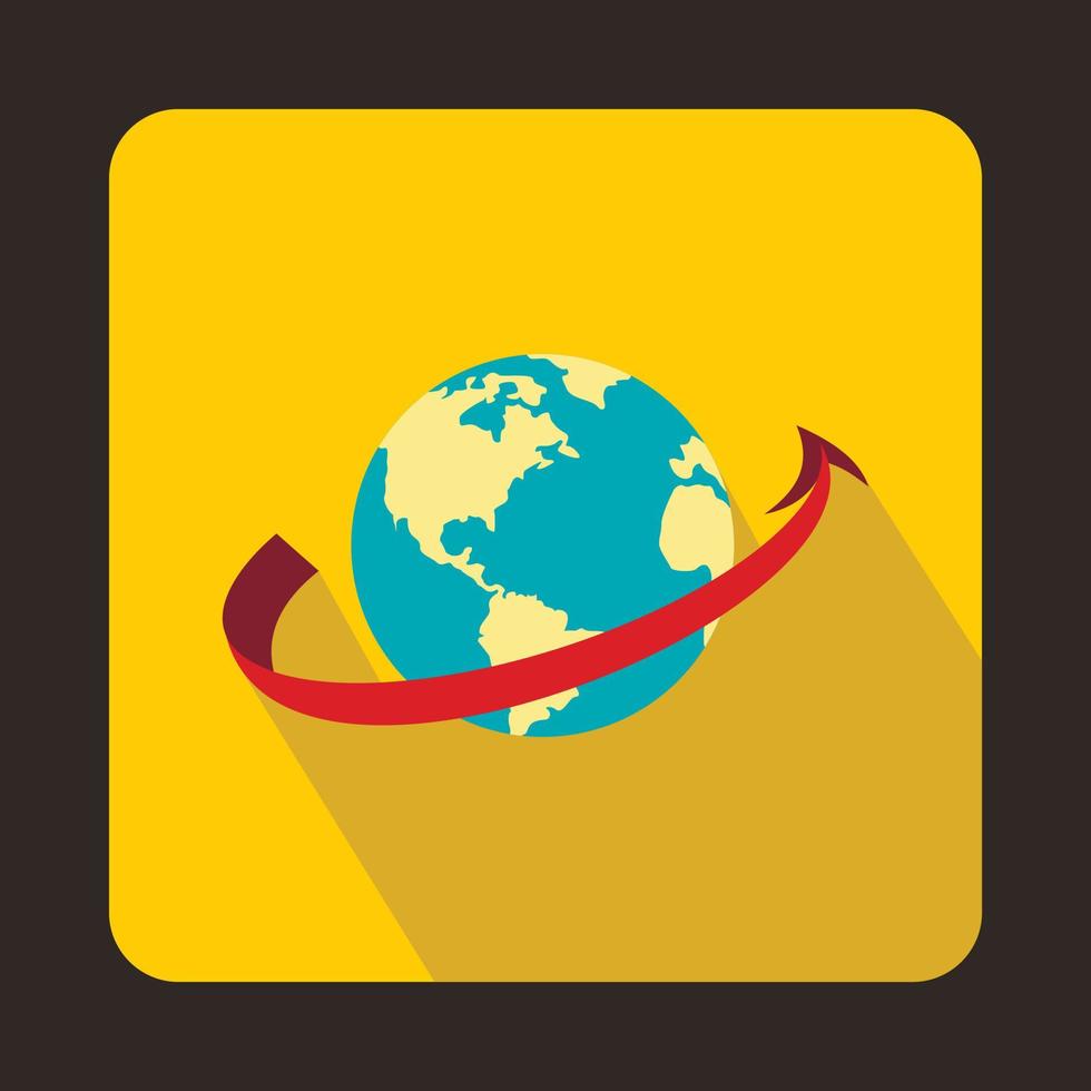 Airplane flying around earth icon, flat style vector