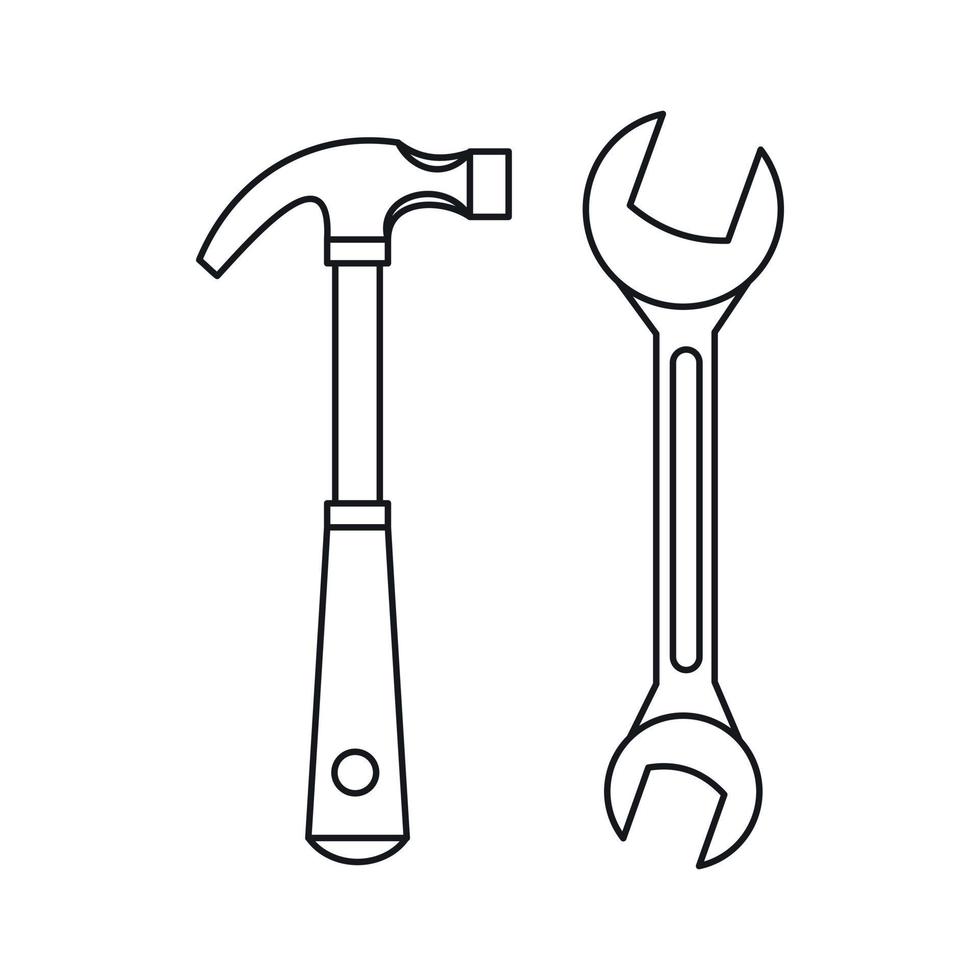 icono de martillo y llave inglesa, estilo de esquema vector