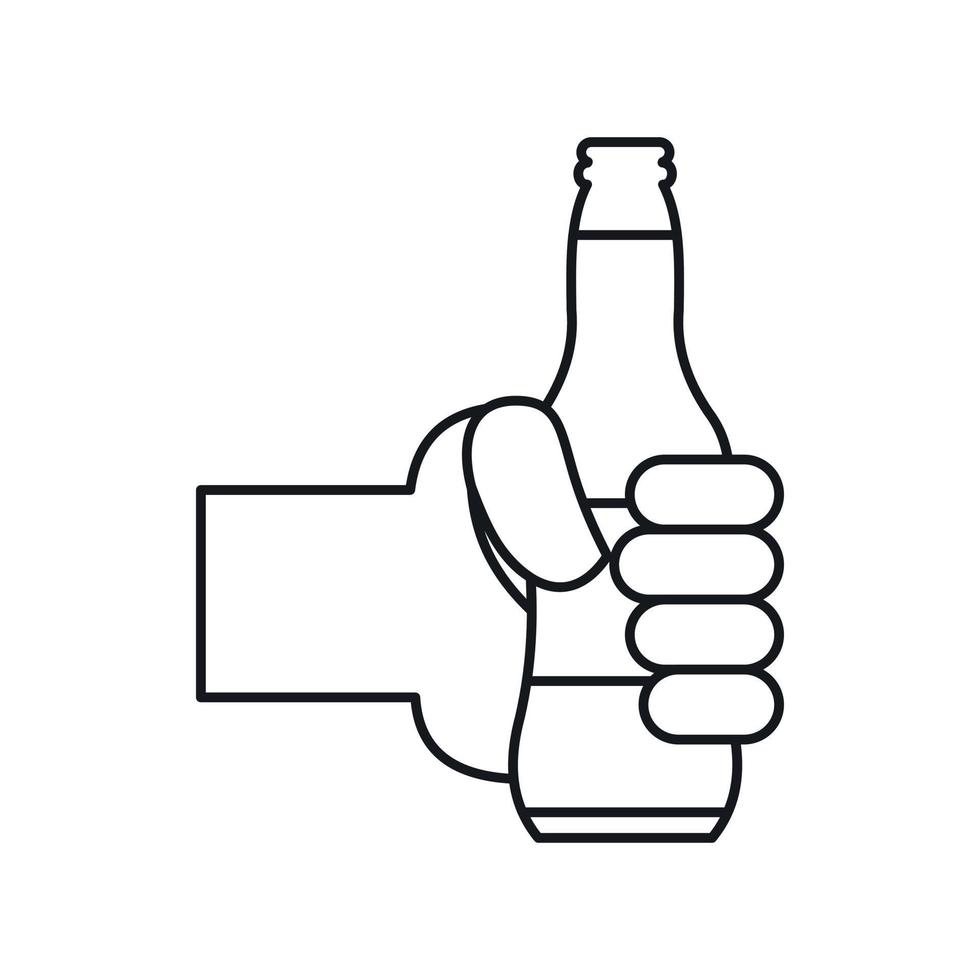 mano sosteniendo un icono de botella de cerveza, estilo de esquema vector