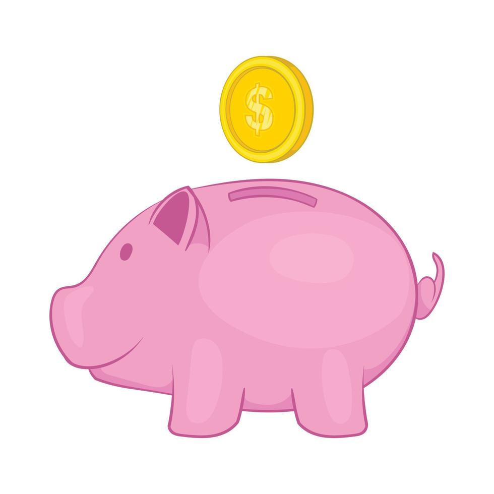 icono de caja de dinero de cerdo rosa, estilo de dibujos animados vector