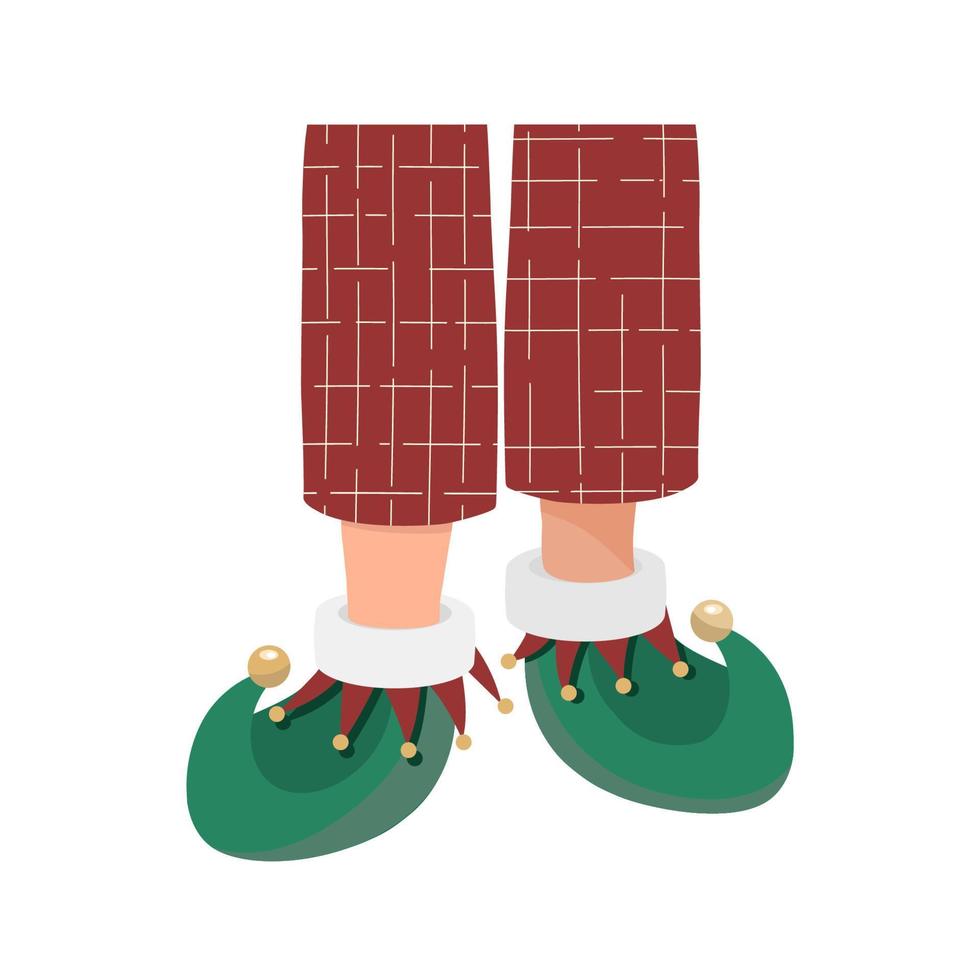 Legs in red pajamas with warm slippers. Christmas funny elf slippers. Christmas red checkered pajama pants. vector