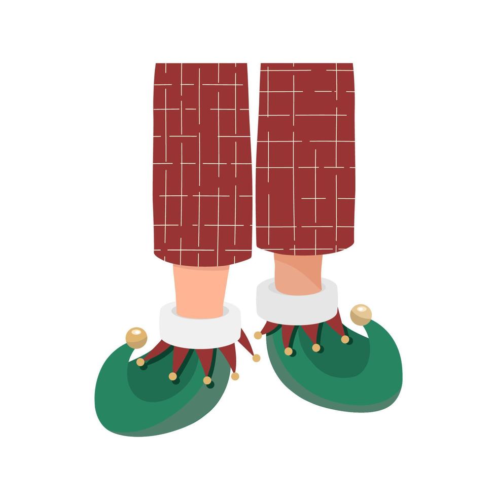 piernas en pijama rojo con pantuflas cálidas. pantuflas de elfo divertido de navidad. pantalones de pijama de cuadros rojos navideños. vector