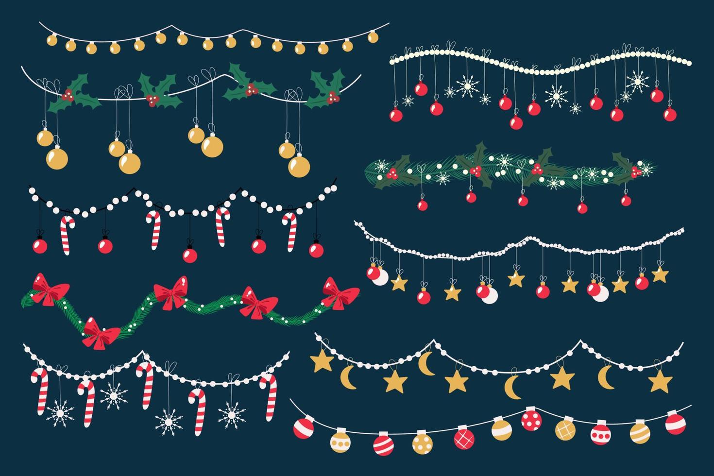 conjunto de guirnaldas navideñas. brillante y colorida decoración navideña dibujada a mano. caramelos navideños vectoriales, muérdagos, copos de nieve, estrellas y abetos. vector