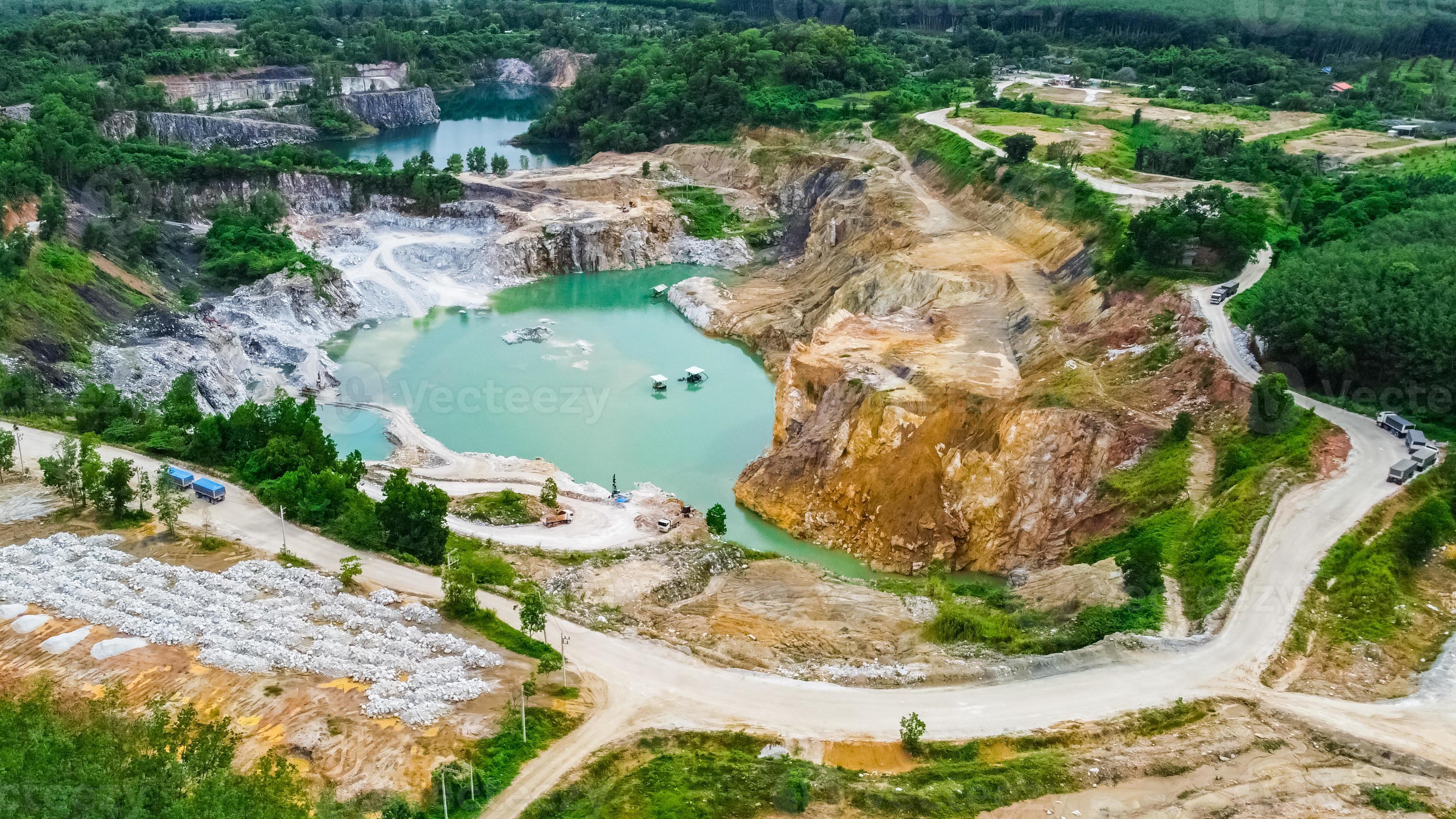 aerial photograph of a large pit of a gypsum mine. A large gypsum mine