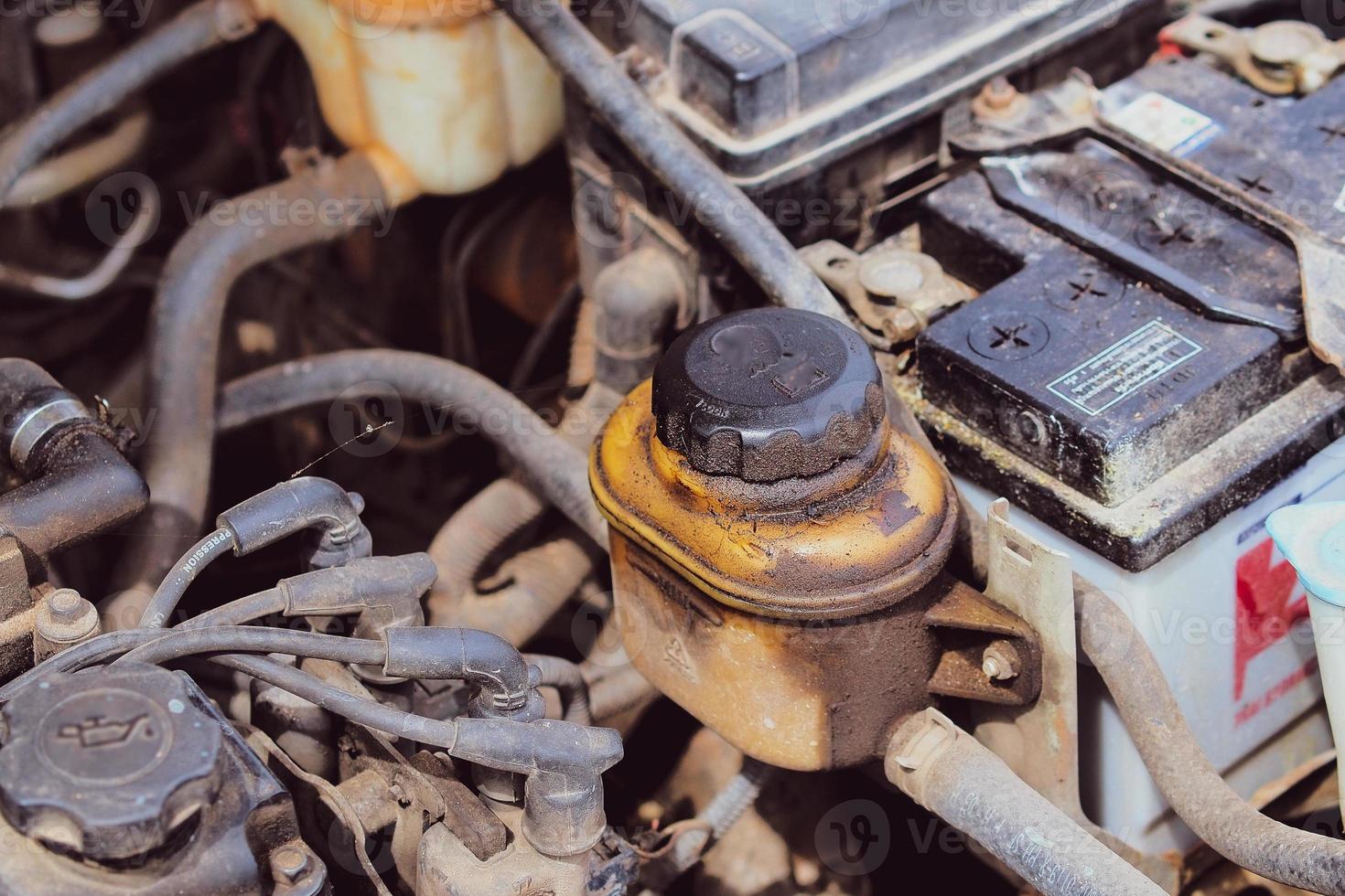 Dirty engine oil stains that have not been maintained. The concept of engine dirt can cause engine failure. photo