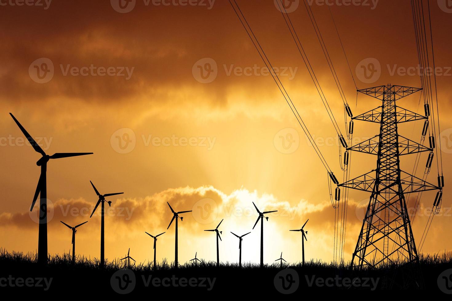 Wind turbines produce electricity in a field. Wind energy concept, clean energy, environmental protection photo