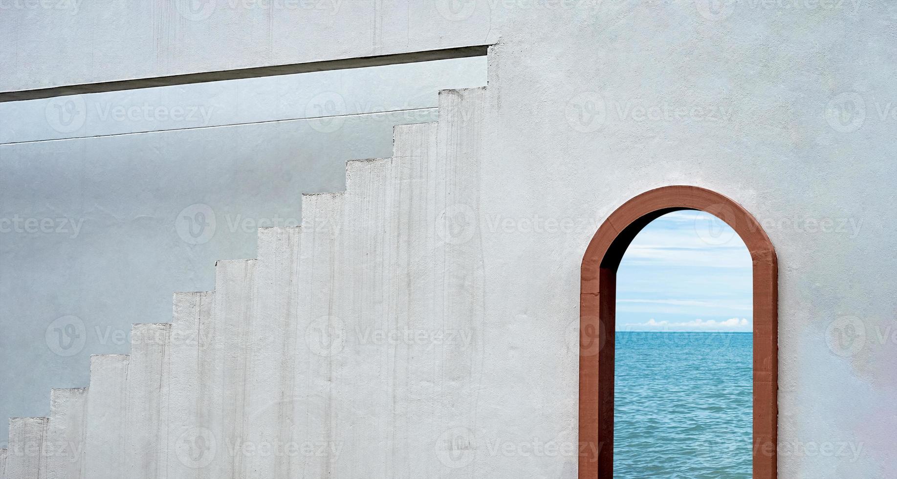 Cement wall and Step Stair with Wooden Window Frame, Architecture Loft Building Grey Concrete Wall Background with Tuscany Arches Brown Wood Door view through Seascape and Blue sky, Minimal concept photo
