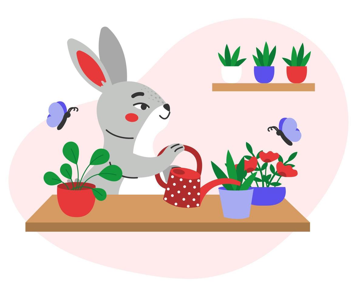 The hare is watering flowerpots. Flat vector illustration.