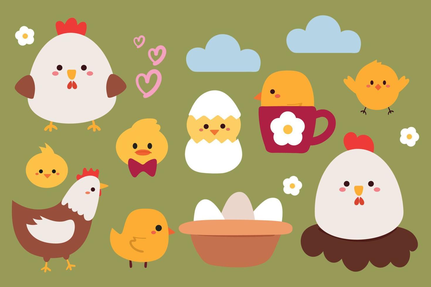 conjunto de pegatinas de pollo y pollo de dibujos animados lindo vector