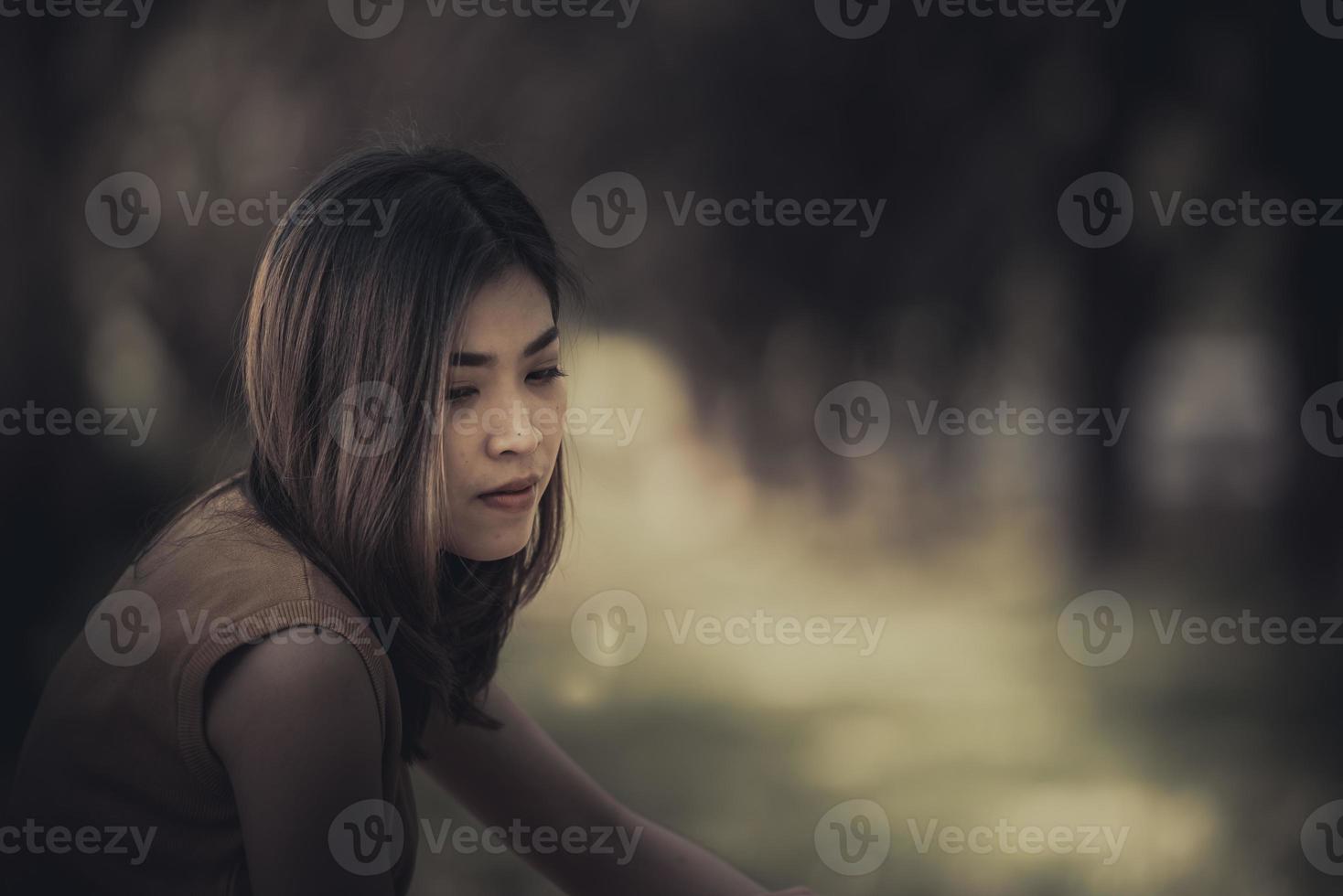 Lonely Sad fat woman ,She think over from love,heartbreak,Heartbroken because of disappointment,Thailand people photo