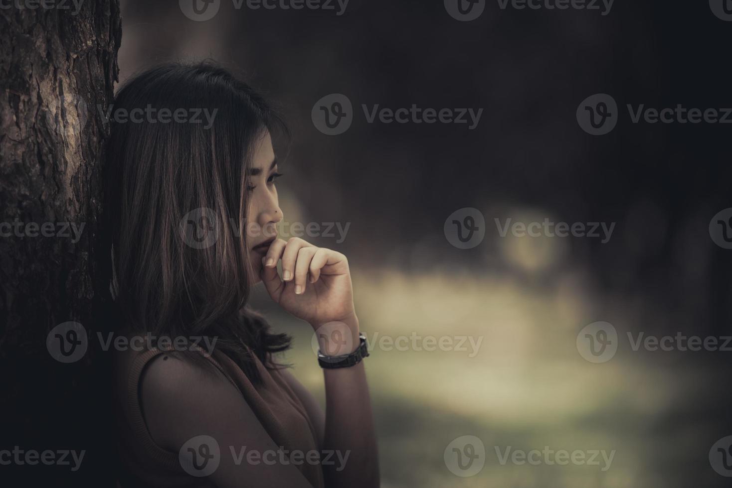 Lonely Sad fat woman ,She think over from love,heartbreak,Heartbroken because of disappointment,Thailand people photo