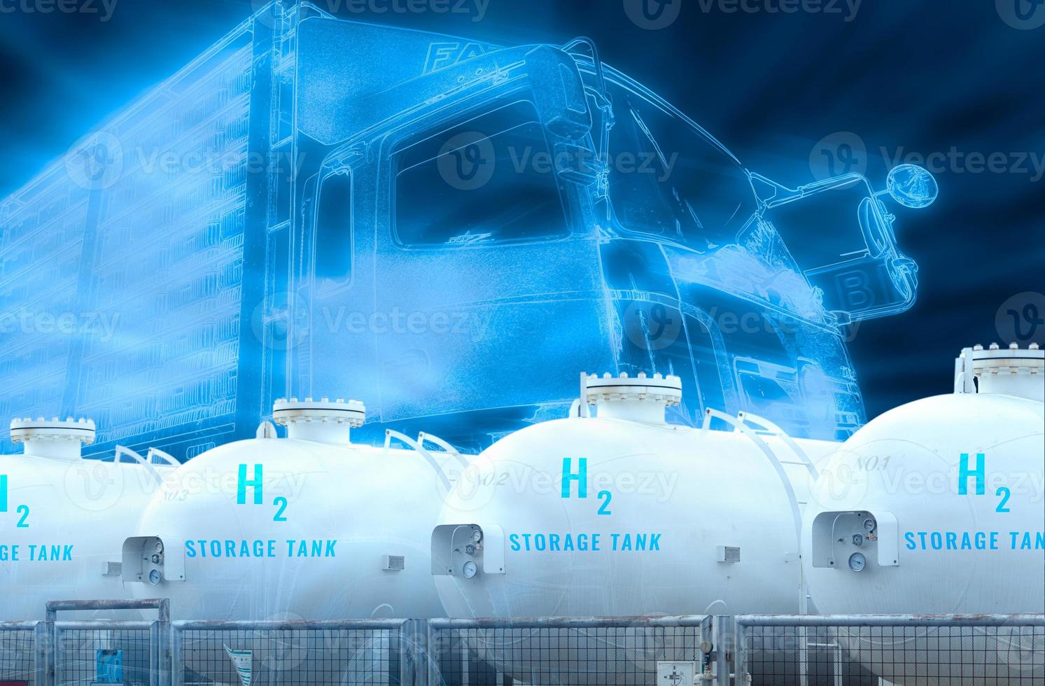 Electric truck with H2 fuel storage tank. Blue hydrogen concept. Electric vehicle trailer truck. Sustainable energy. Net zero emissions by 2050. Commercial logistic truck transport with green power. photo