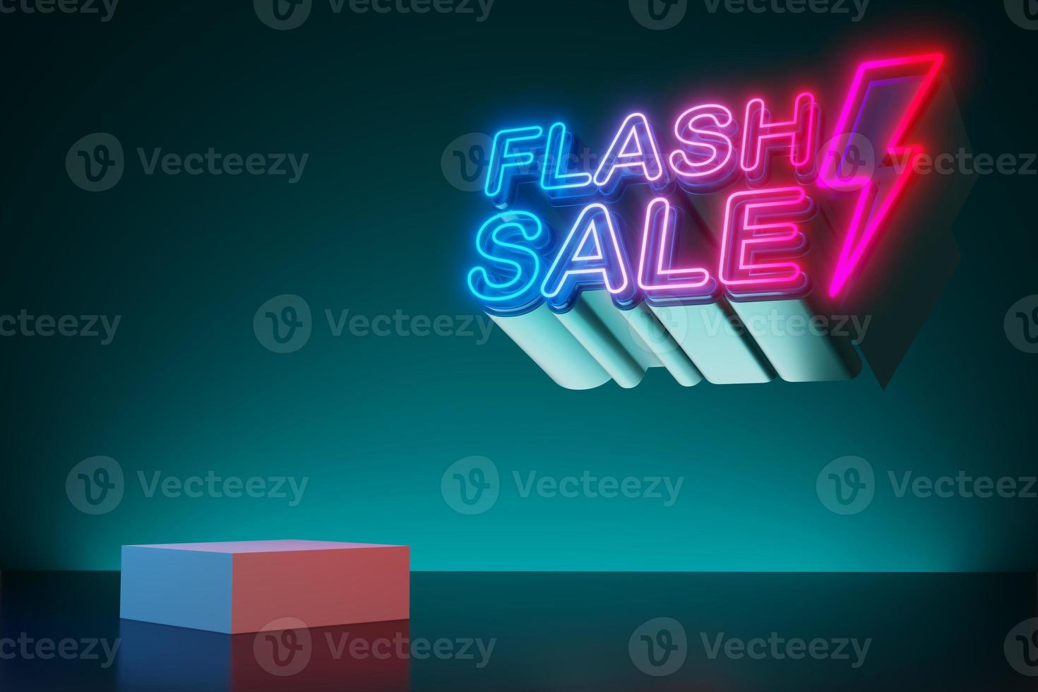 Flash sale neon light text with empty display, 3d rendering photo