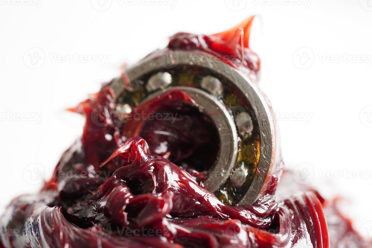 Grease and ball bearing, red excellent water resistance synthetic lithium complex grease for moving path and machinery lubrication for automotive and industrial. photo