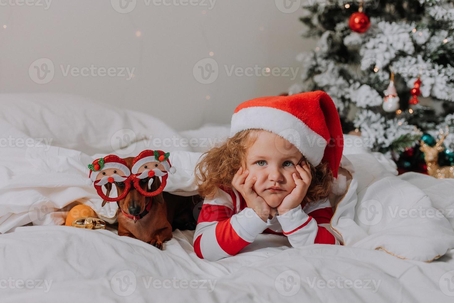 una niñita con pijama a rayas y un sombrero de santa y un perro con gafas graciosas con santa claus yacen en la cama sobre una sábana blanca contra el fondo del árbol de navidad. espacio para texto. foto de alta calidad