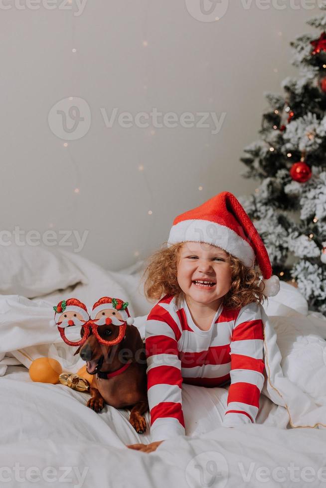 una niñita con pijama a rayas y un sombrero de santa y un perro con gafas graciosas con santa claus yacen en la cama sobre una sábana blanca contra el fondo del árbol de navidad. espacio para texto. foto de alta calidad