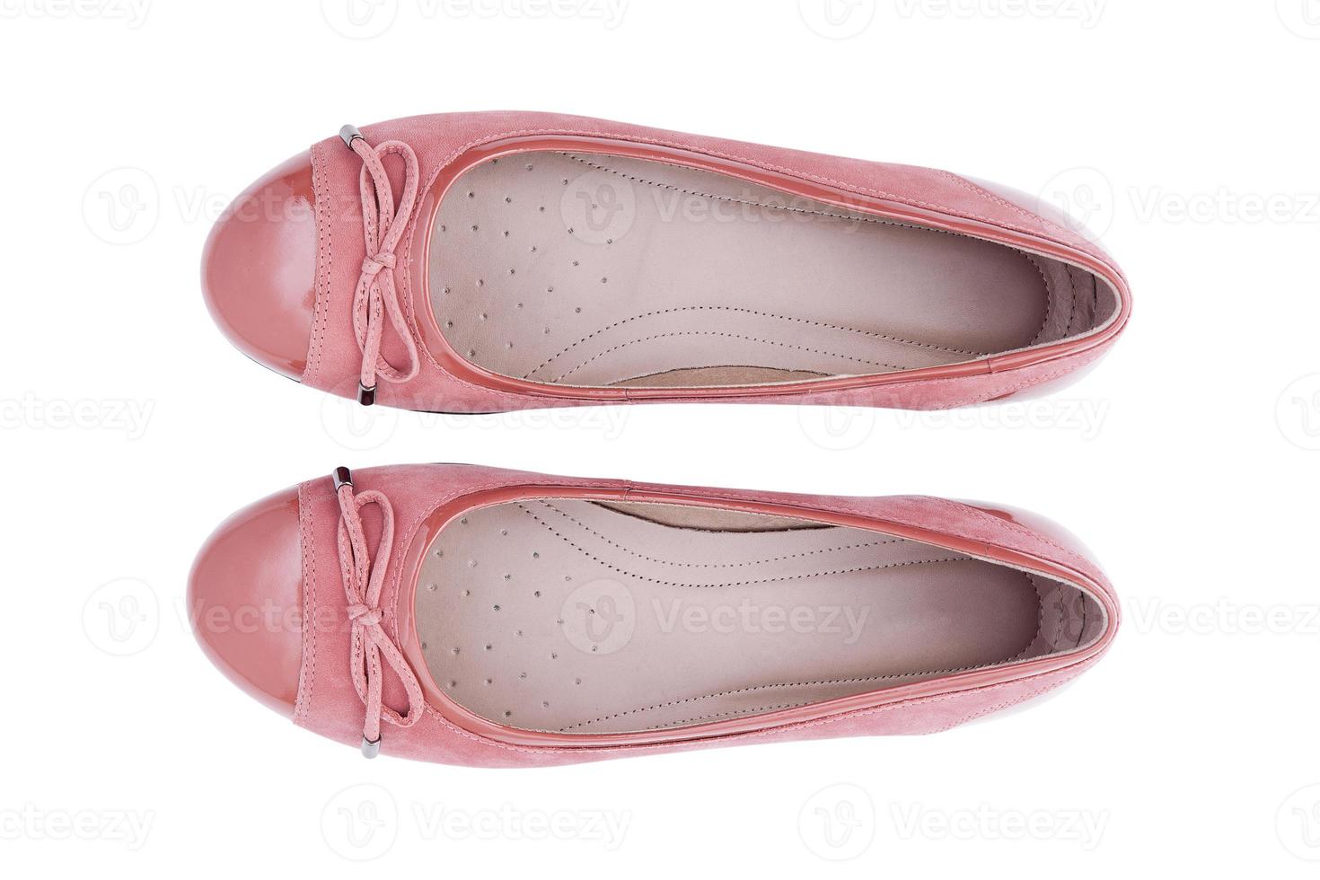 female fashion shoes pink with ribbon top view isolated on white background photo