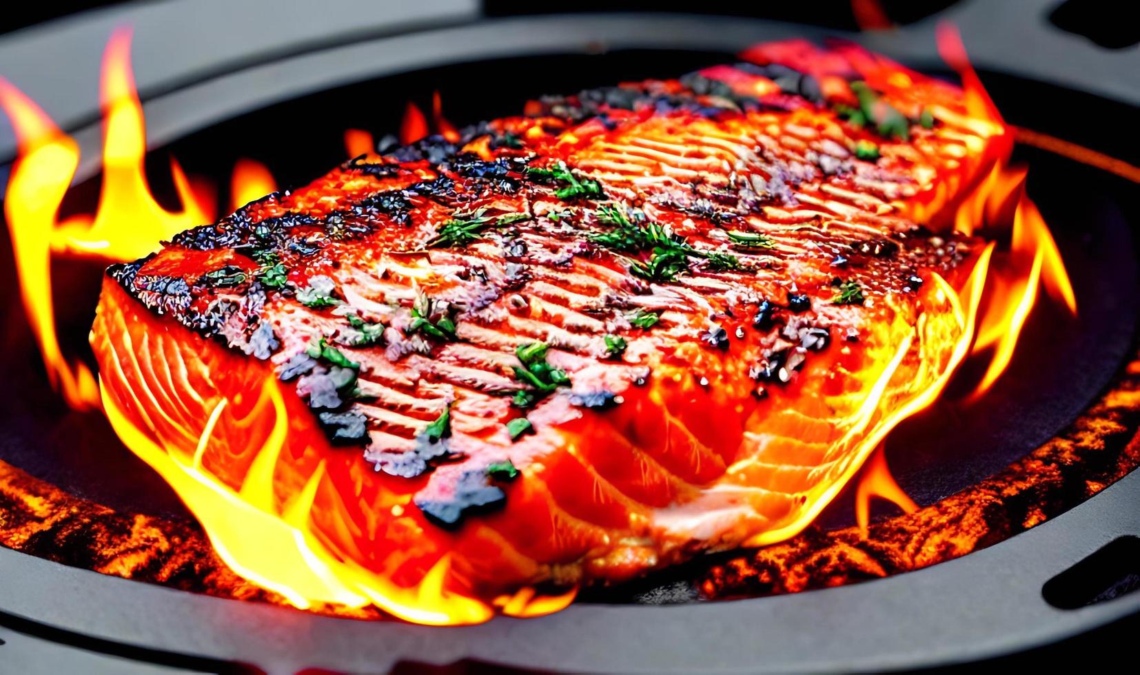 Grilled salmon. Healthy food baked salmon. Hot fish dish. photo