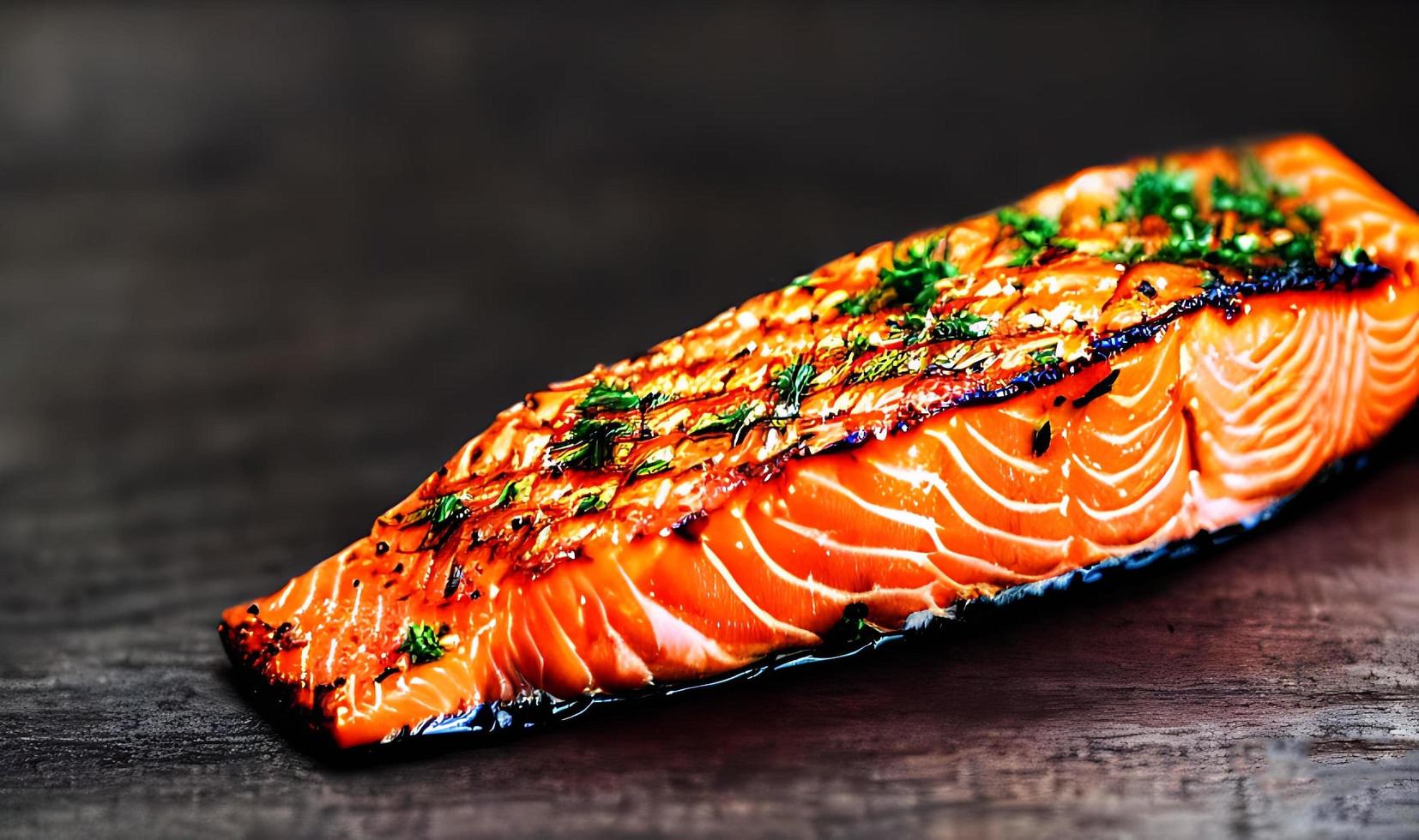 Grilled salmon. Healthy food baked salmon. Hot fish dish. photo