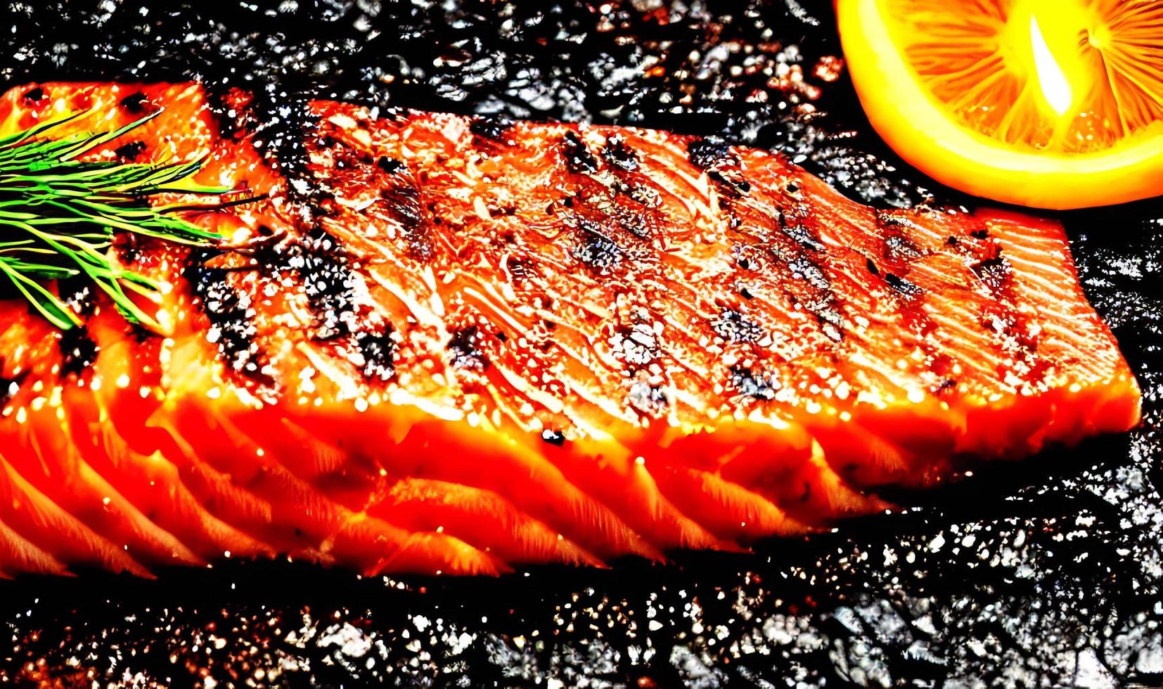 Grilled salmon. Healthy food baked salmon. Hot fish dish. photo