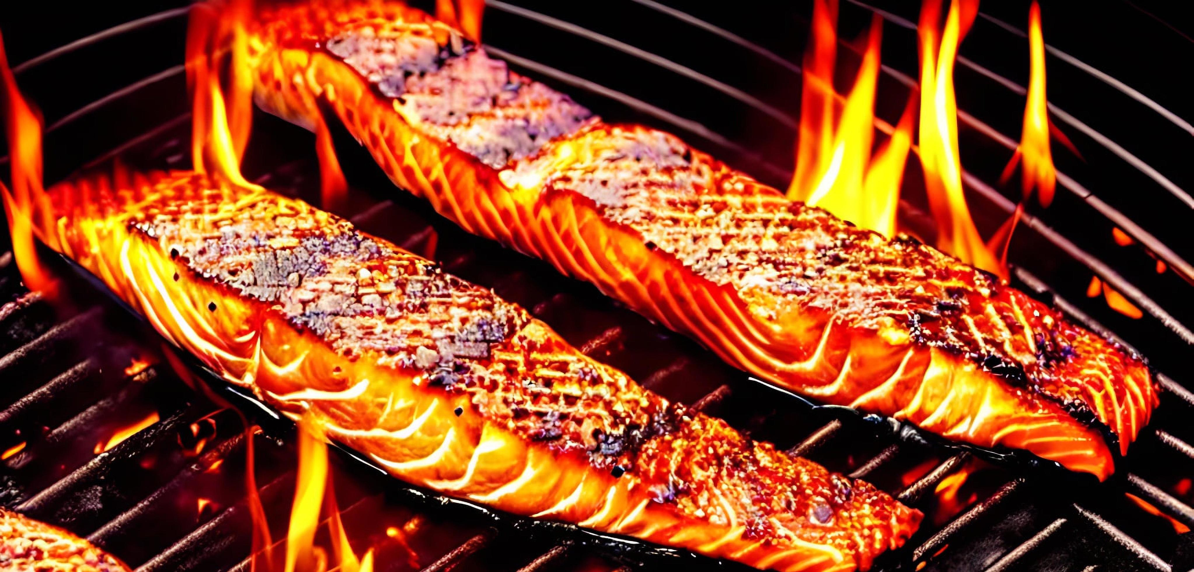 Grilled salmon. Healthy food baked salmon. Hot fish dish. 14593889