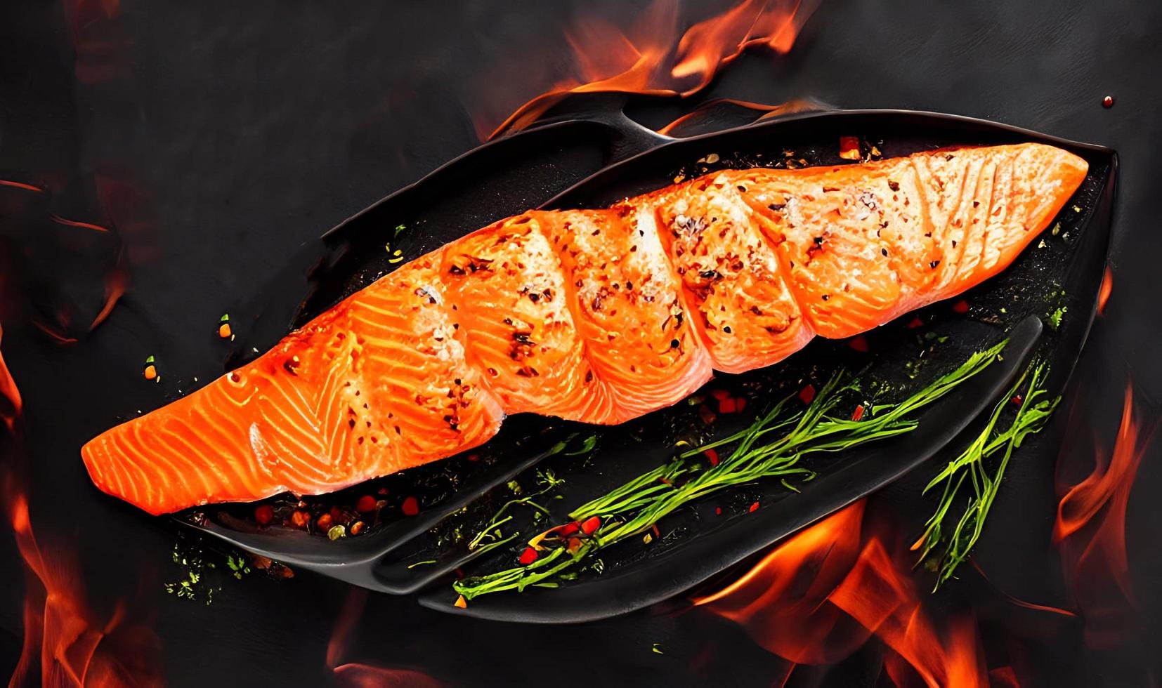 Grilled salmon. Healthy food baked salmon. Hot fish dish. photo