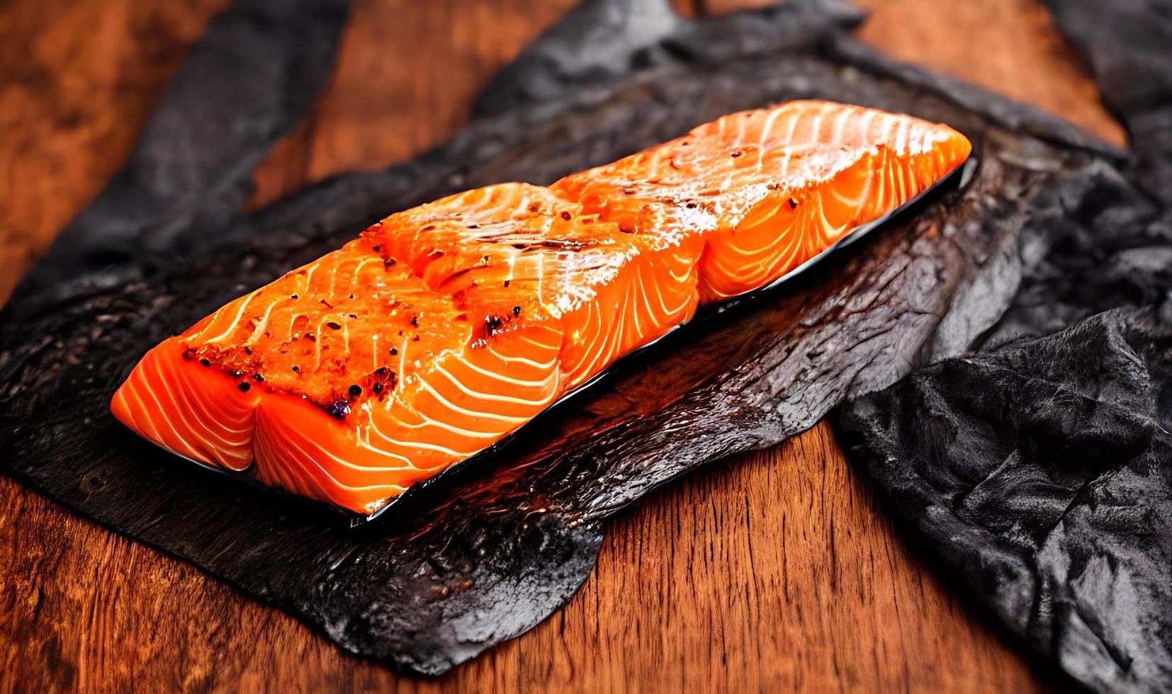 Grilled salmon. Healthy food baked salmon. Hot fish dish. photo