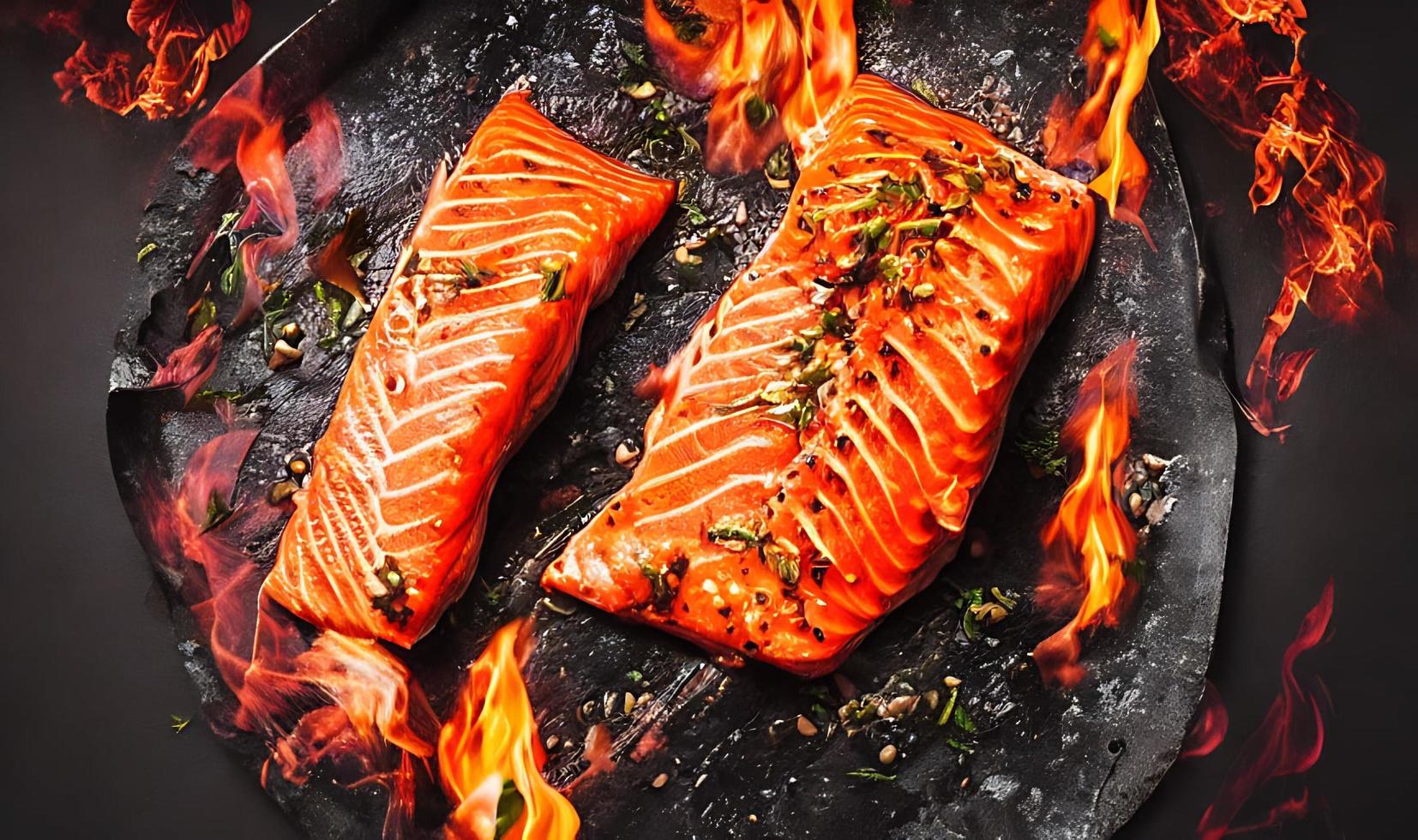 Grilled salmon. Healthy food baked salmon. Hot fish dish. photo