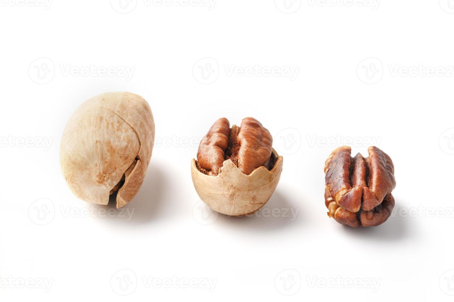 Set of three pecans in the center in a shell, peeled and without a shell isolated on a white background in a row. photo