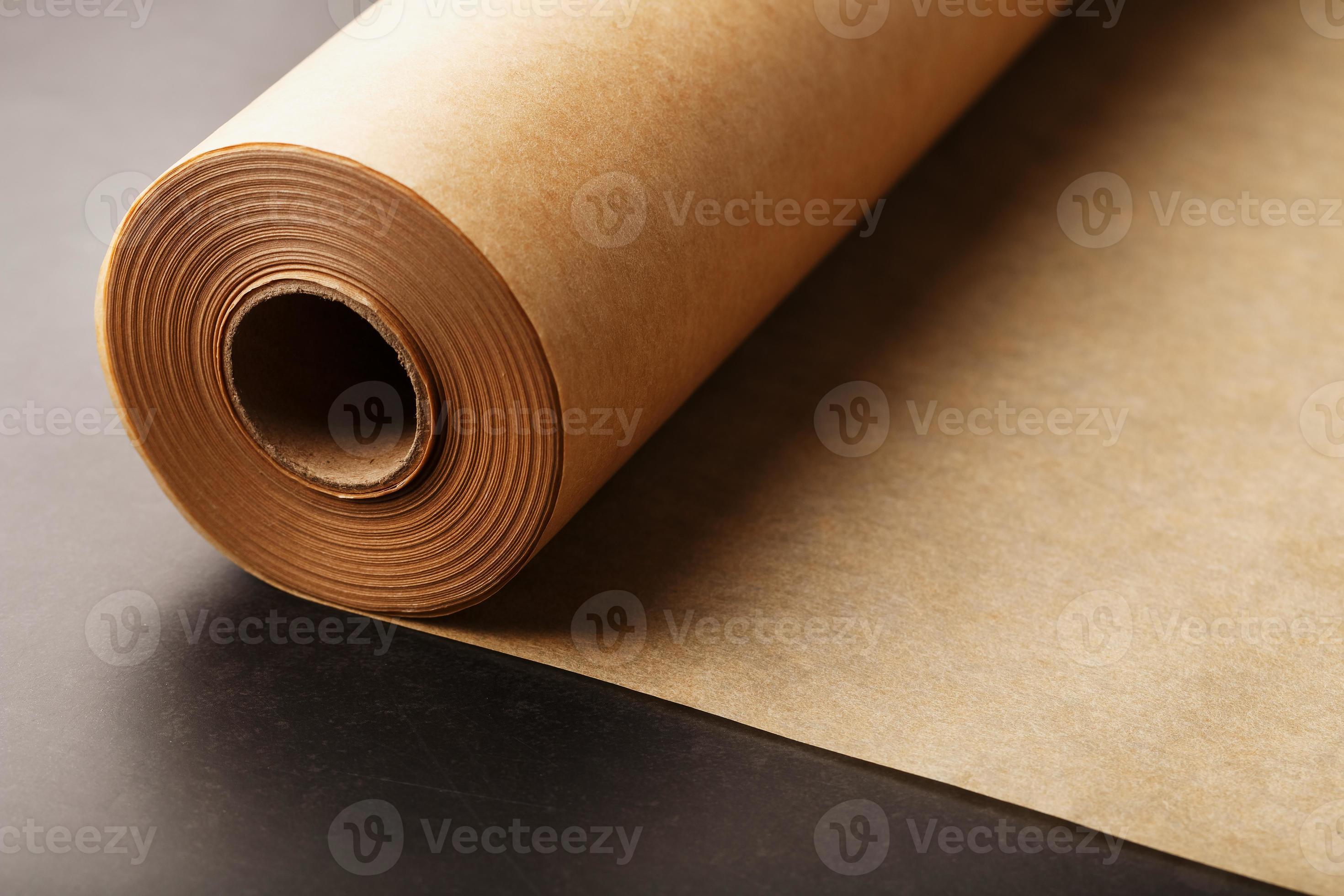A roll of unfolded brown parchment paper, for baking food in on a