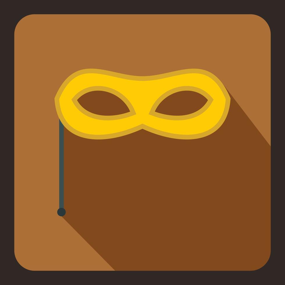 Yellow carnival mask on stick icon, flat style vector