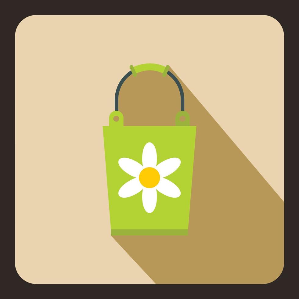 Green bucket with flower icon, flat style vector