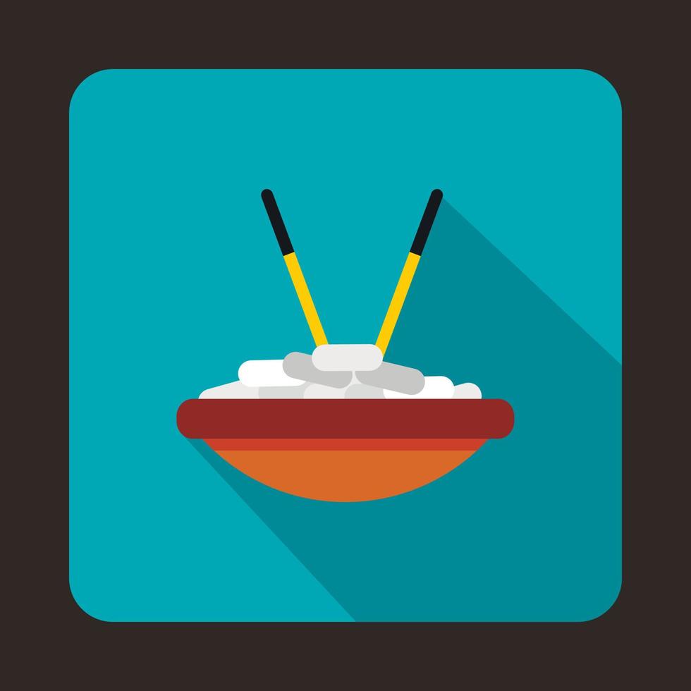 cuenco de arroz con icono de palillos, estilo plano vector