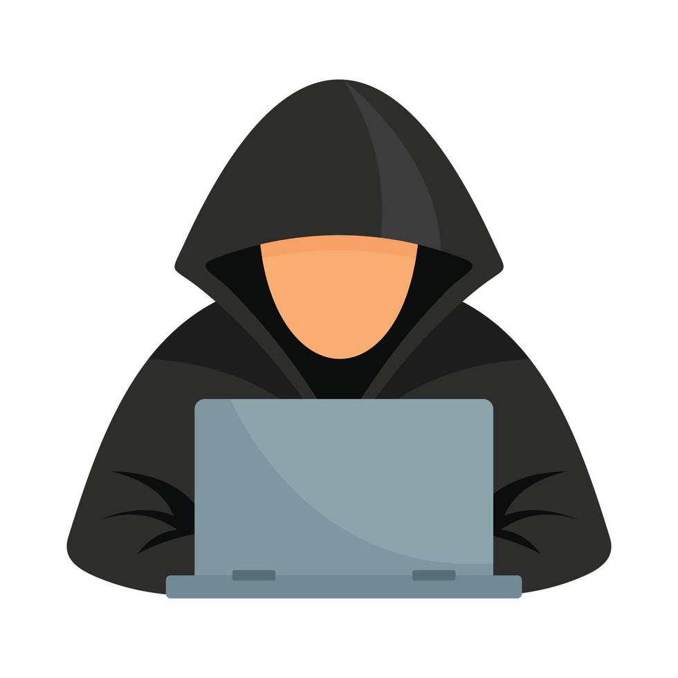 Hacker at laptop icon, flat style vector